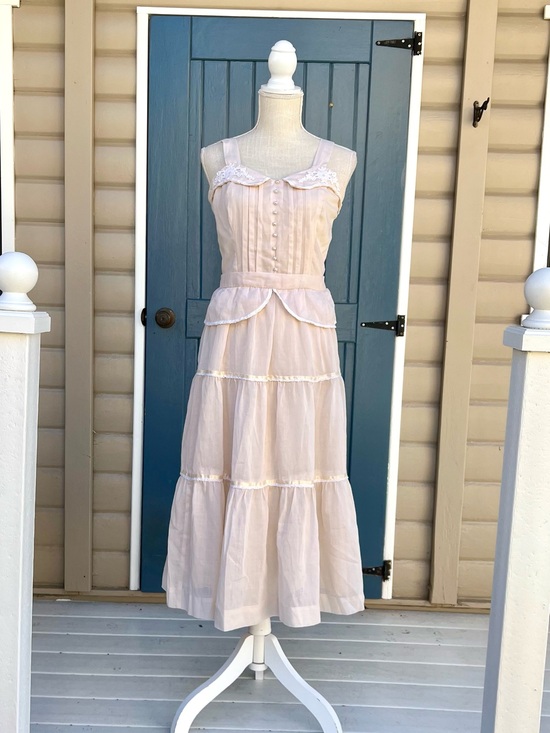 Vintage Dresses & Skirts - Vintage 1970s Pink Prairie Dress Cottagecore Lace Tiered Peplum Dress Women’s S